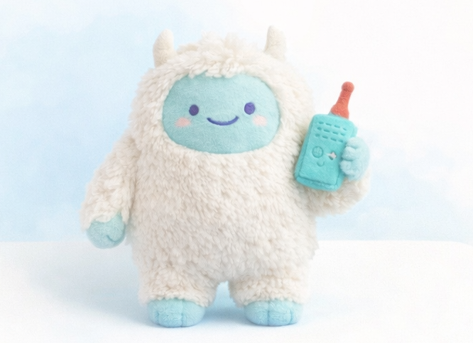 GoYeti, a soft white plush yeti holding a small phone